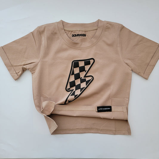 Checkered Bolt - Girls Tan Boxy Tee