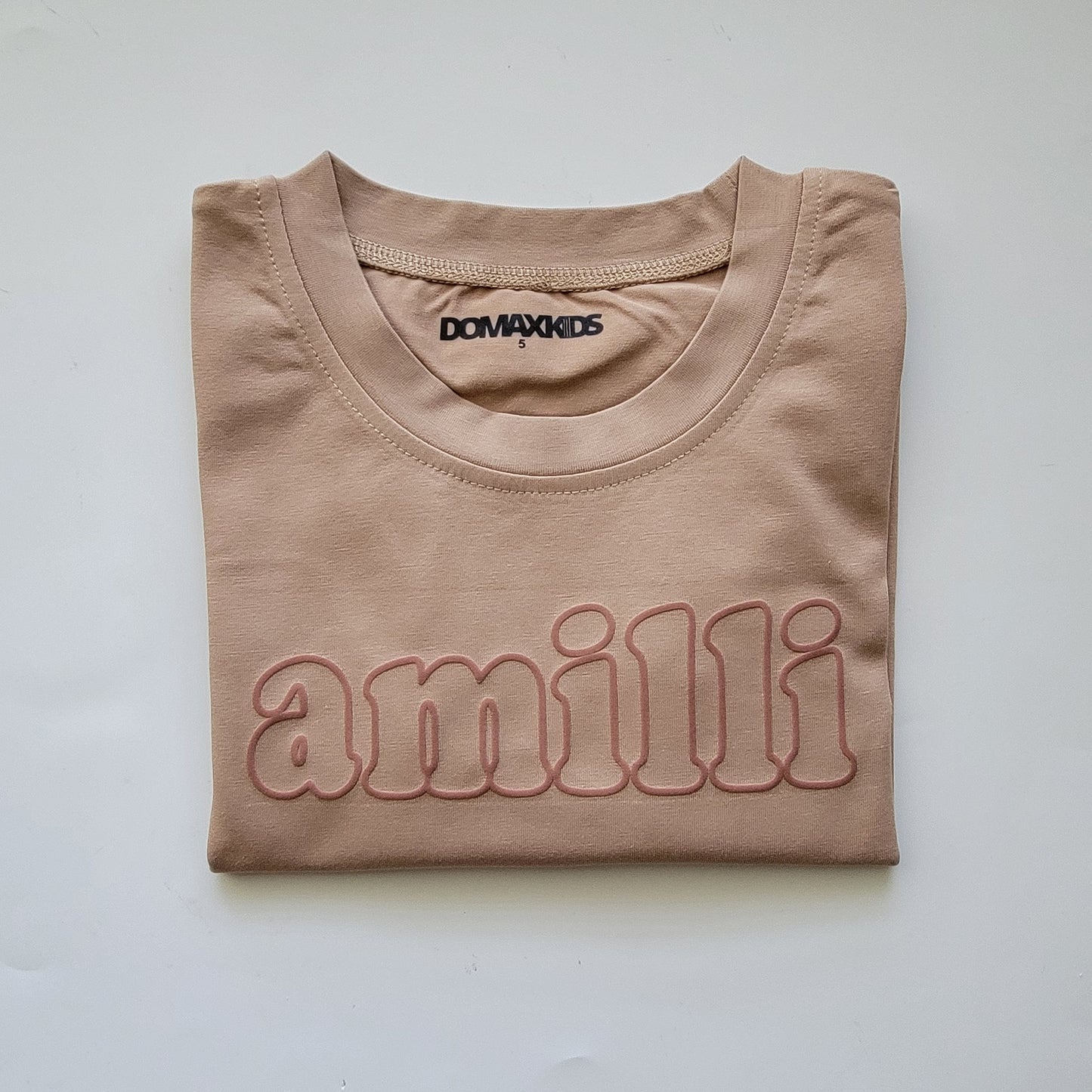 Puff Name Tee - Girls Tan Boxy Tee - Brown Outline font