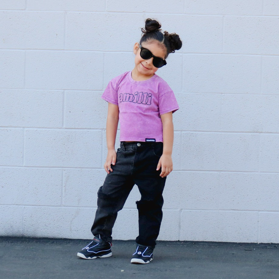Puff name - Girls Purple Acid Wash Boxy Tee - outline font