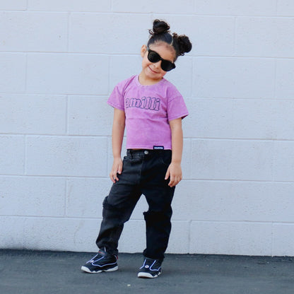 Puff name - Girls Purple Acid Wash Boxy Tee - outline font