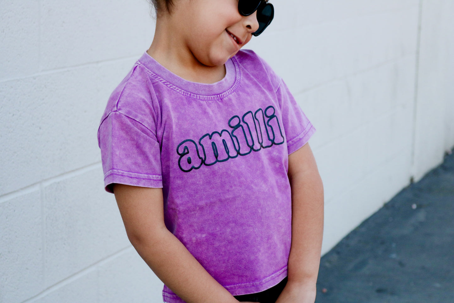 Puff name - Girls Purple Acid Wash Boxy Tee - outline font