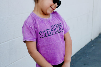 Puff name - Girls Purple Acid Wash Boxy Tee - outline font