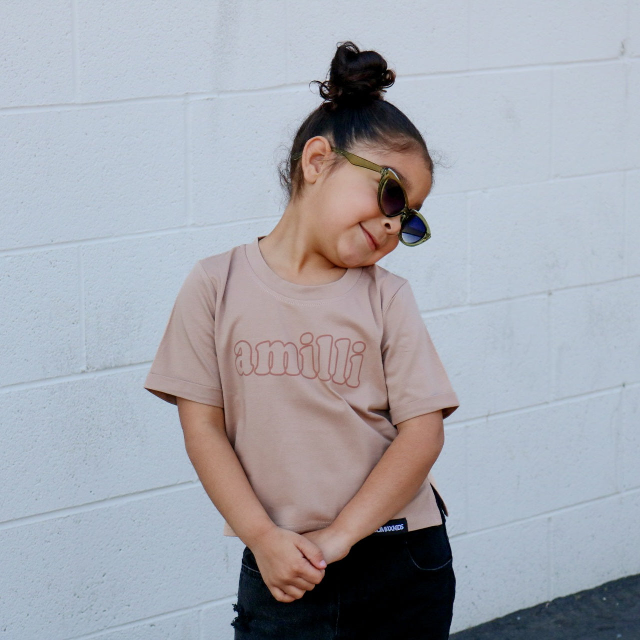 Puff Name Tee - Girls Tan Boxy Tee - Brown Outline font