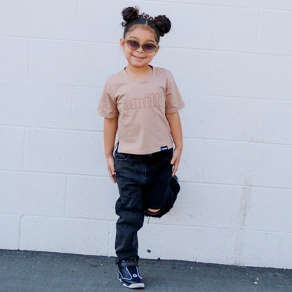 Puff Name Tee - Girls Tan Boxy Tee - Brown Outline font