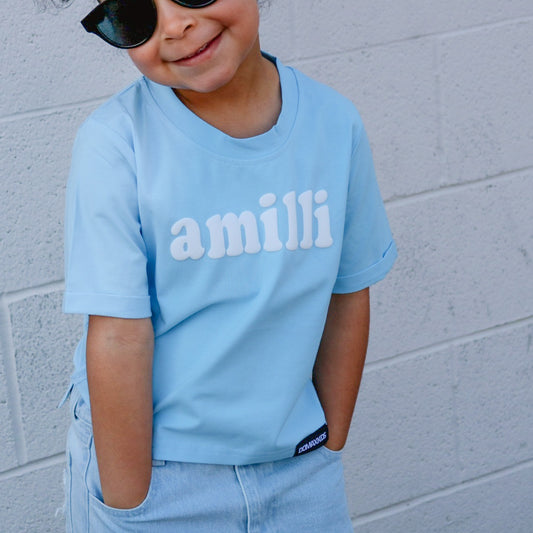 Puff Name Tee - Girls Blue Boxy Tee - Bubbly font